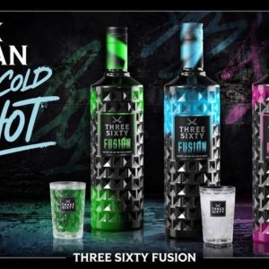 Three Sixty Fusion premium shot bottles featuring graffiti design and bold flavour colours