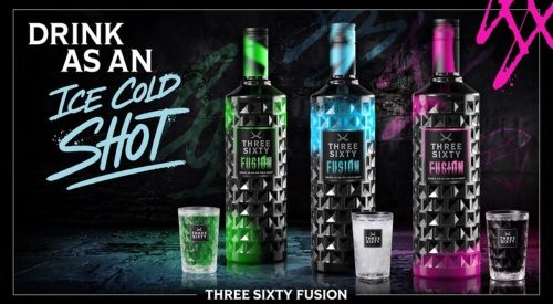 Three Sixty Fusion premium shot bottles featuring graffiti design and bold flavour colours