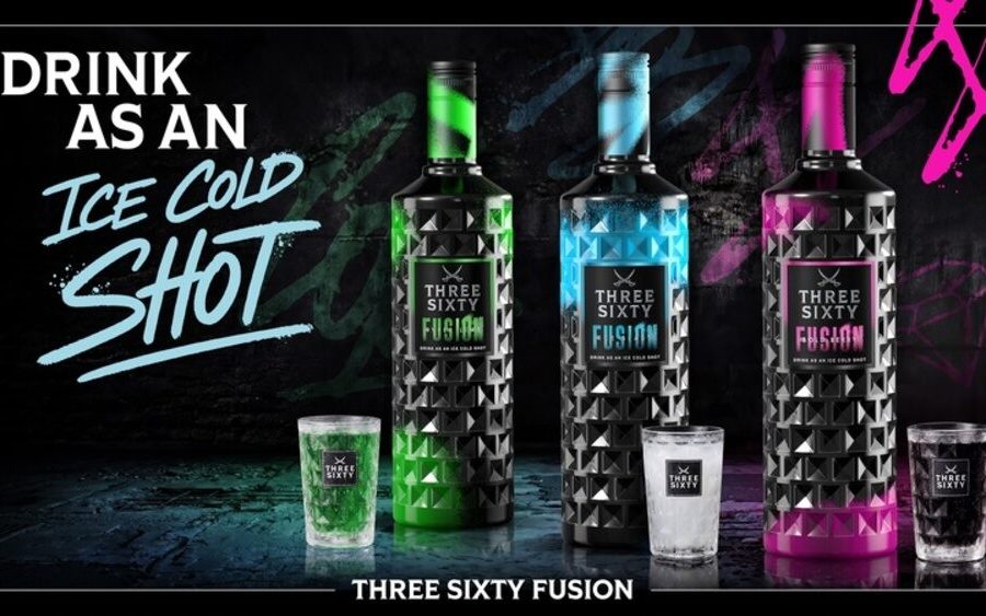 Three Sixty Fusion premium shot bottles featuring graffiti design and bold flavour colours