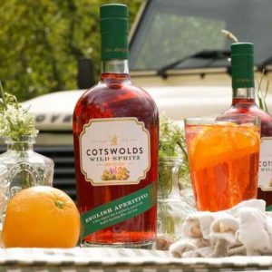 Bottle of Cotswolds Wild Spritz photographed outdoors with botanical styling, showcasing the new English aperitivo.