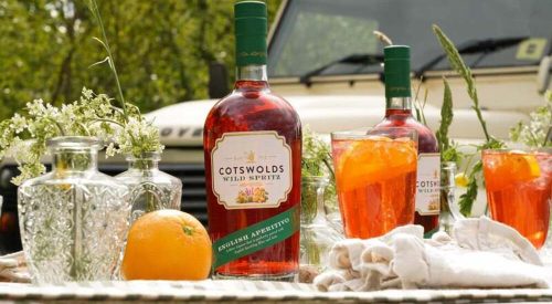 Bottle of Cotswolds Wild Spritz photographed outdoors with botanical styling, showcasing the new English aperitivo.