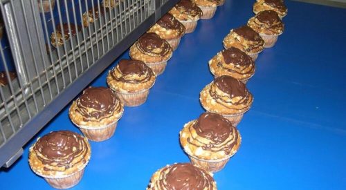 A close-up of an automated Dojatec airless spray gun precisely applying a glossy egg wash glaze onto a row of golden pastries moving along a bakery conveyor belt.