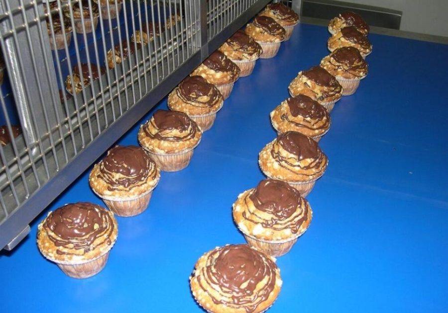 A close-up of an automated Dojatec airless spray gun precisely applying a glossy egg wash glaze onto a row of golden pastries moving along a bakery conveyor belt.