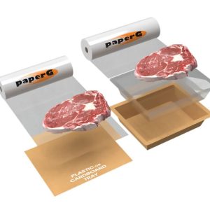 An exploded diagram illustrating the layered composition of the PaperSeal Shape food tray, highlighting ITP's PaperG film liner used inside this WorldStar 2026 award-winning packaging design