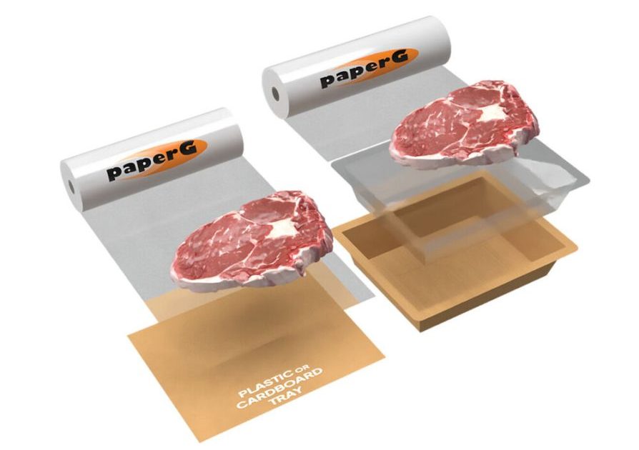 An exploded diagram illustrating the layered composition of the PaperSeal Shape food tray, highlighting ITP's PaperG film liner used inside this WorldStar 2026 award-winning packaging design