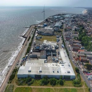Aerial view of Nomad Foods’ Lowestoft factory showing large‑scale frozen food production facilities and surrounding site infrastructure.