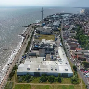 Aerial view of Nomad Foods’ Lowestoft factory showing large‑scale frozen food production facilities and surrounding site infrastructure.
