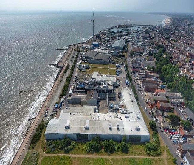 Aerial view of Nomad Foods’ Lowestoft factory showing large‑scale frozen food production facilities and surrounding site infrastructure.