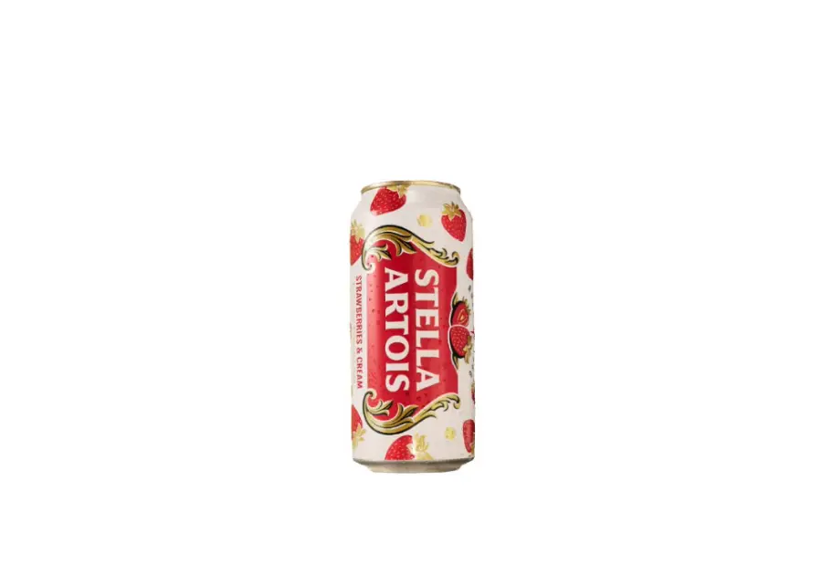 Stella Artois Strawberries & Cream Lager can with Wimbledon‑themed design
