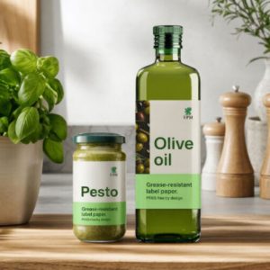 A bottle of olive oil and a jar of pesto displaying UPM's PFAS-free grease-resistant label paper.
