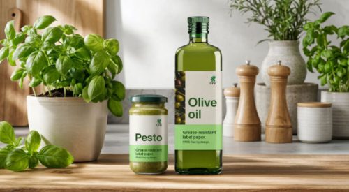 A bottle of olive oil and a jar of pesto displaying UPM's PFAS-free grease-resistant label paper.