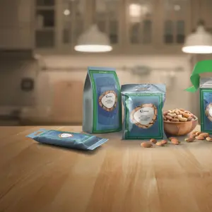 A green and blue Amcor AmPrima recycle-ready stand-up pouch filled with mixed nuts