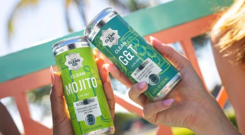 CleanCo ready‑to‑drink non‑alcoholic cocktails displayed in cans.