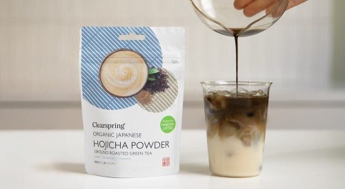 Clearspring Organic Japanese Hojicha Powder showing roasted green tea powder in packaging.
