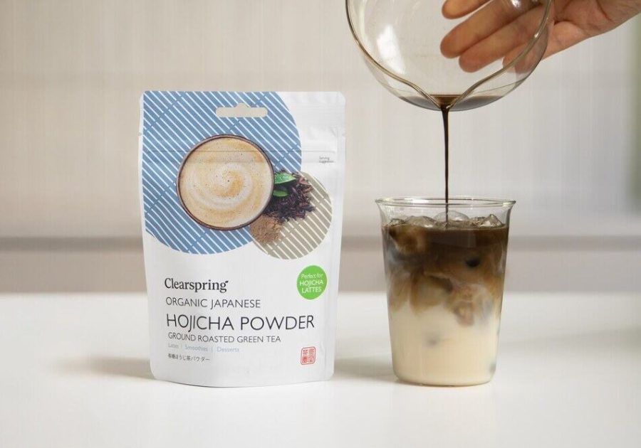 Clearspring Organic Japanese Hojicha Powder showing roasted green tea powder in packaging.