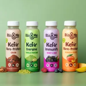 Prism eLogistics packaging for Bio&Me's kefir drink using recyclable shrink sleeve.