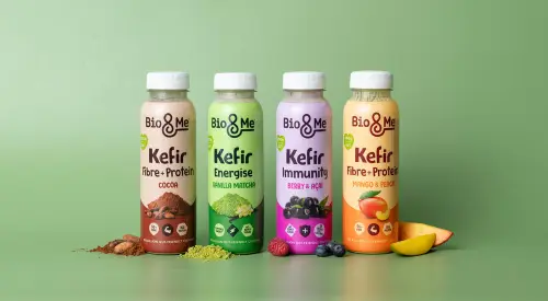 Prism eLogistics packaging for Bio&Me's kefir drink using recyclable shrink sleeve.