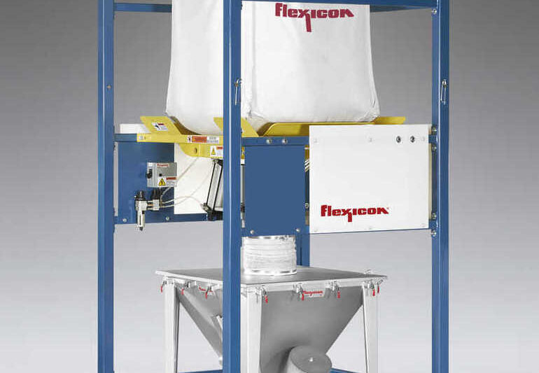 Flexicon bulk bag discharger feeds vacuum lines dust-free