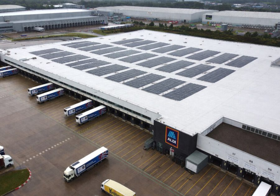 Rooftop solar panels installed on a UK food factory to reduce energy costs and grid dependence