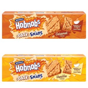 McVitie’s Hobnobs Oaty Snaps in Vanilla and Caramel flavours, high‑fibre rectangular oat biscuits.