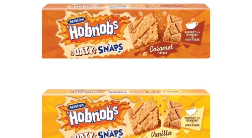 McVitie’s Hobnobs Oaty Snaps in Vanilla and Caramel flavours, high‑fibre rectangular oat biscuits.