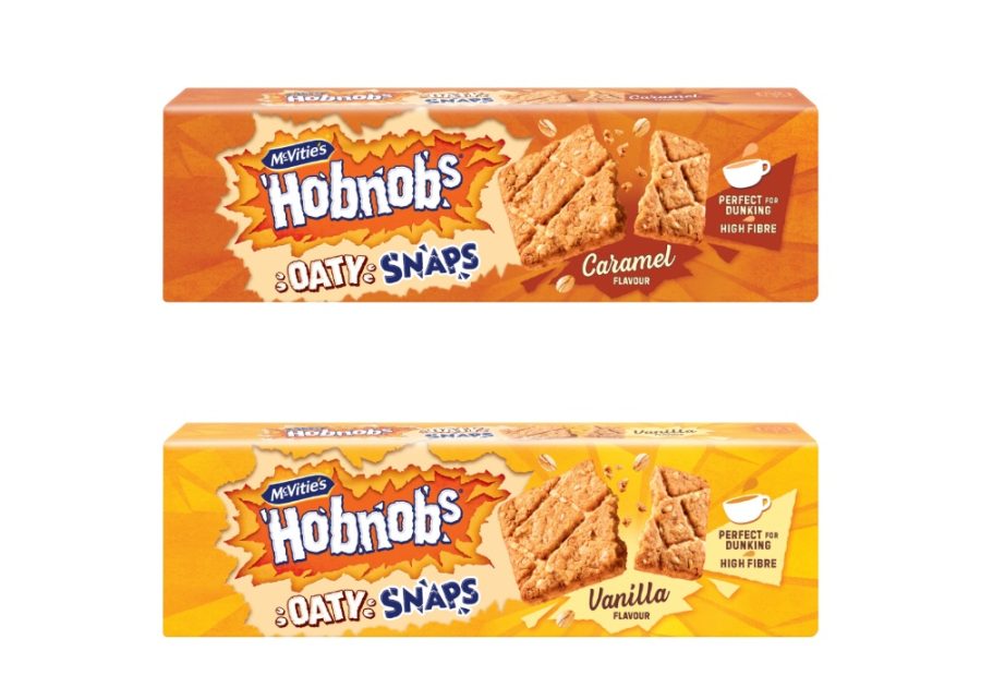 McVitie’s Hobnobs Oaty Snaps in Vanilla and Caramel flavours, high‑fibre rectangular oat biscuits.