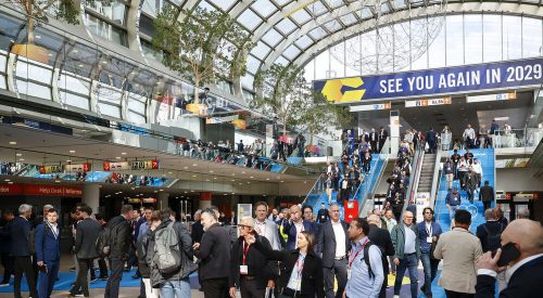 A crowded exhibition hall at the interpack trade fair in Düsseldorf
