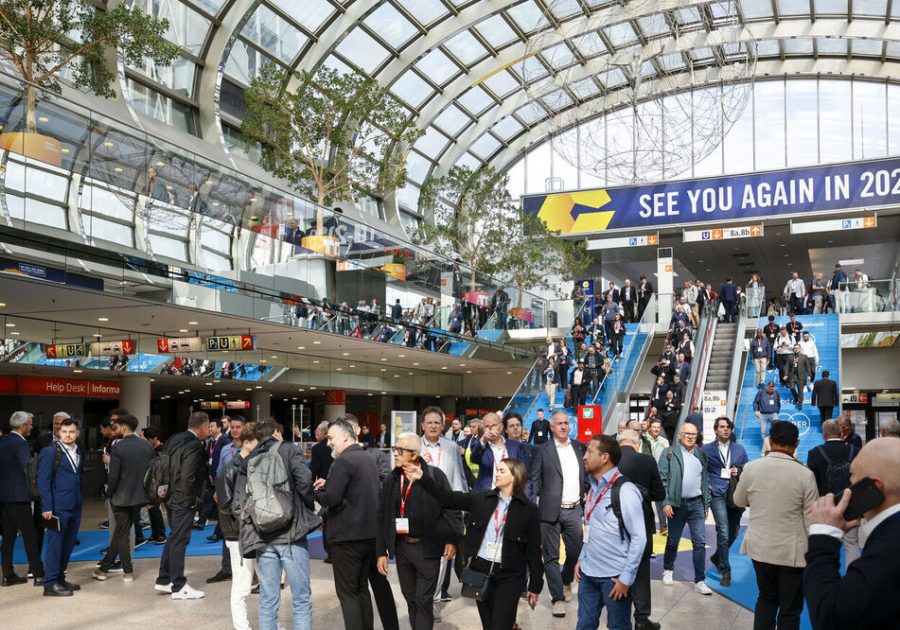 A crowded exhibition hall at the interpack trade fair in Düsseldorf