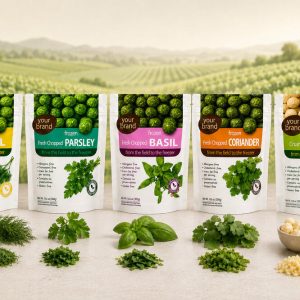 Frozen herb pops in flexible pouch packaging showing individual 15g spheres designed for quick, waste‑free use