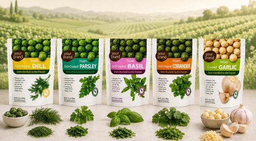 Frozen herb pops in flexible pouch packaging showing individual 15g spheres designed for quick, waste‑free use