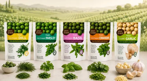 Frozen herb pops in flexible pouch packaging showing individual 15g spheres designed for quick, waste‑free use