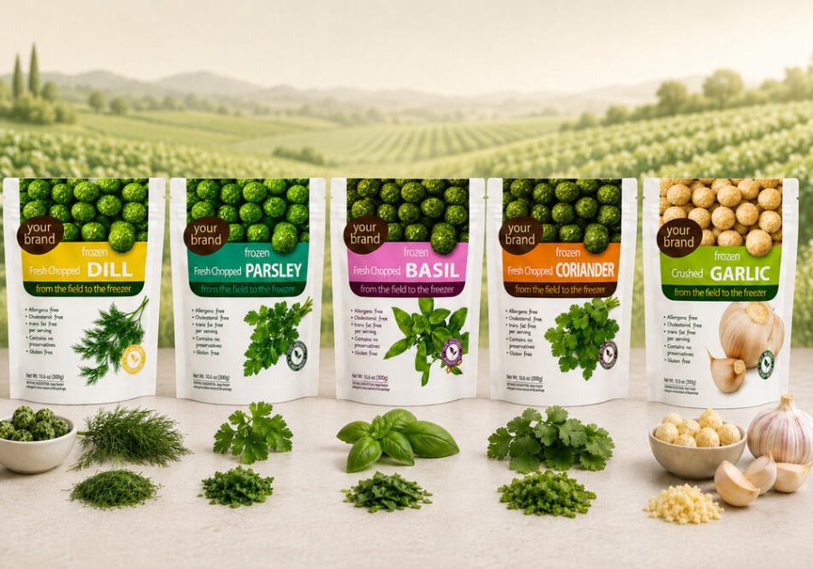 Frozen herb pops in flexible pouch packaging showing individual 15g spheres designed for quick, waste‑free use