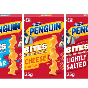 Three packs of McVitie's Penguin Bites crackers, each 25g. Flavours include Salt & Vinegar, Cheese, and Lightly Salted.