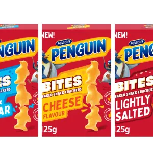 Three packs of McVitie's Penguin Bites crackers, each 25g. Flavours include Salt & Vinegar, Cheese, and Lightly Salted.