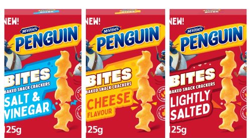 Three packs of McVitie's Penguin Bites crackers, each 25g. Flavours include Salt & Vinegar, Cheese, and Lightly Salted.