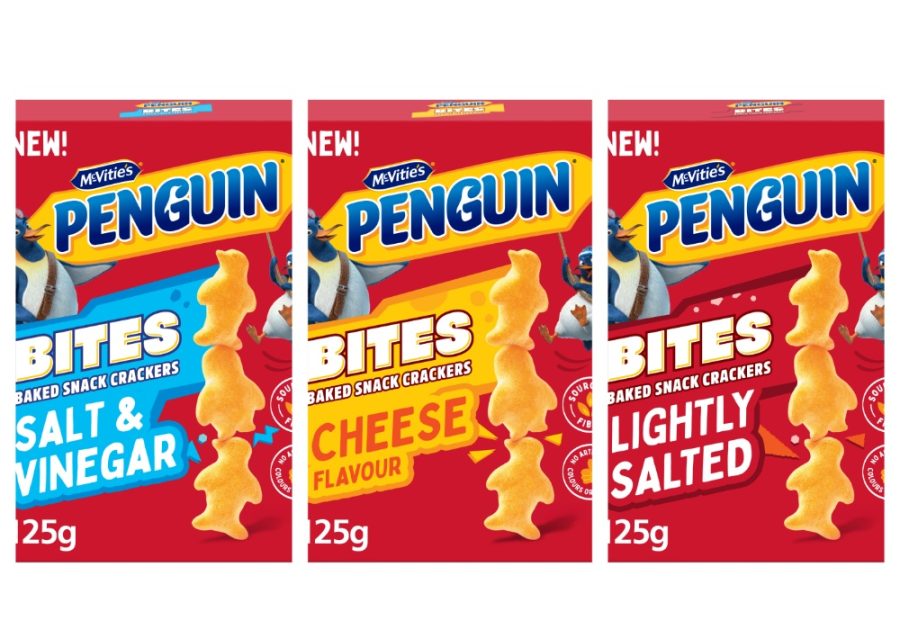 Three packs of McVitie's Penguin Bites crackers, each 25g. Flavours include Salt & Vinegar, Cheese, and Lightly Salted.