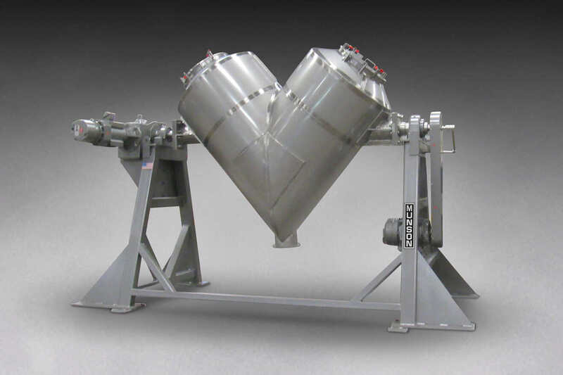 Munson Sanitary Vee-Cone blender equipped for liquid additions