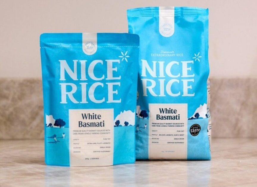 Nice Rice premium rebrand packaging showcasing new identity