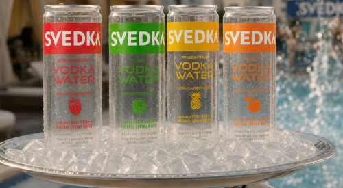 A clear, see-through 12-ounce can of Svedka Vodka Water revealing the fruit-flavoured liquid inside.