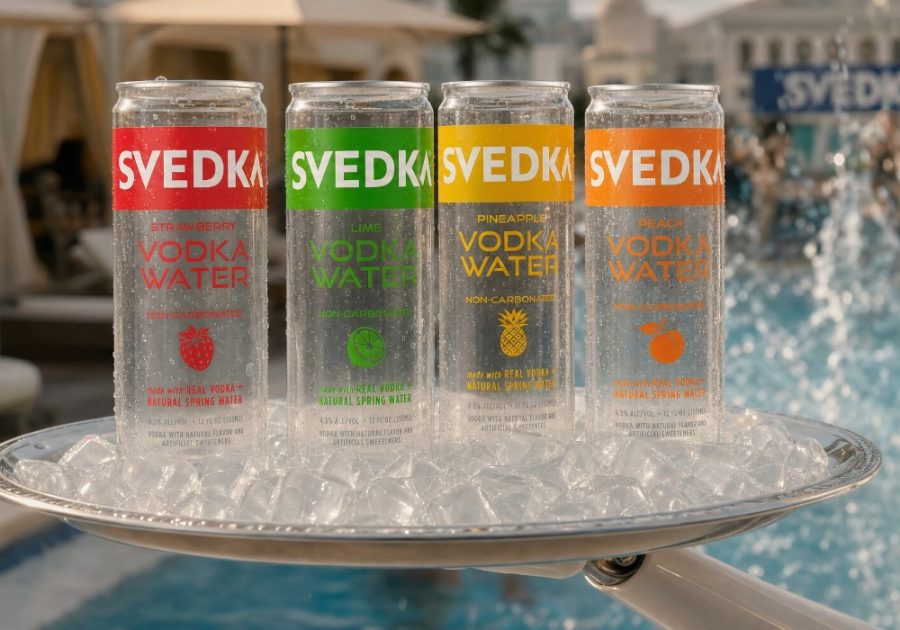 A clear, see-through 12-ounce can of Svedka Vodka Water revealing the fruit-flavoured liquid inside.