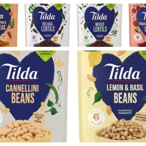 Tilda Pulses ready‑to‑heat pouches showcasing six lentil, bean and chickpea varieties