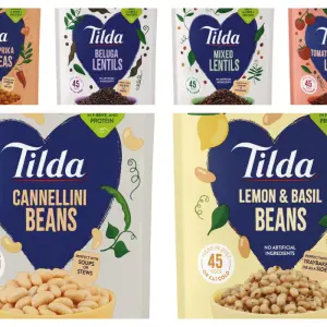 Tilda Pulses ready‑to‑heat pouches showcasing six lentil, bean and chickpea varieties