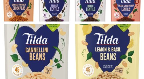 Tilda Pulses ready‑to‑heat pouches showcasing six lentil, bean and chickpea varieties
