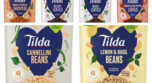 Tilda Pulses ready‑to‑heat pouches showcasing six lentil, bean and chickpea varieties
