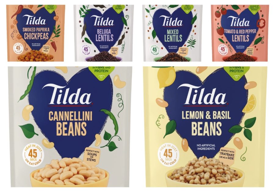 Tilda Pulses ready‑to‑heat pouches showcasing six lentil, bean and chickpea varieties