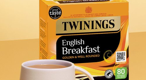 Twinings tea packs featuring new accessible QR codes designed for blind and partially sighted consumers