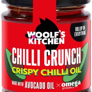 A jar of Woolf's Kitchen Chilli Crunch with Avocado Oil