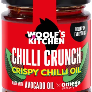 A jar of Woolf's Kitchen Chilli Crunch with Avocado Oil