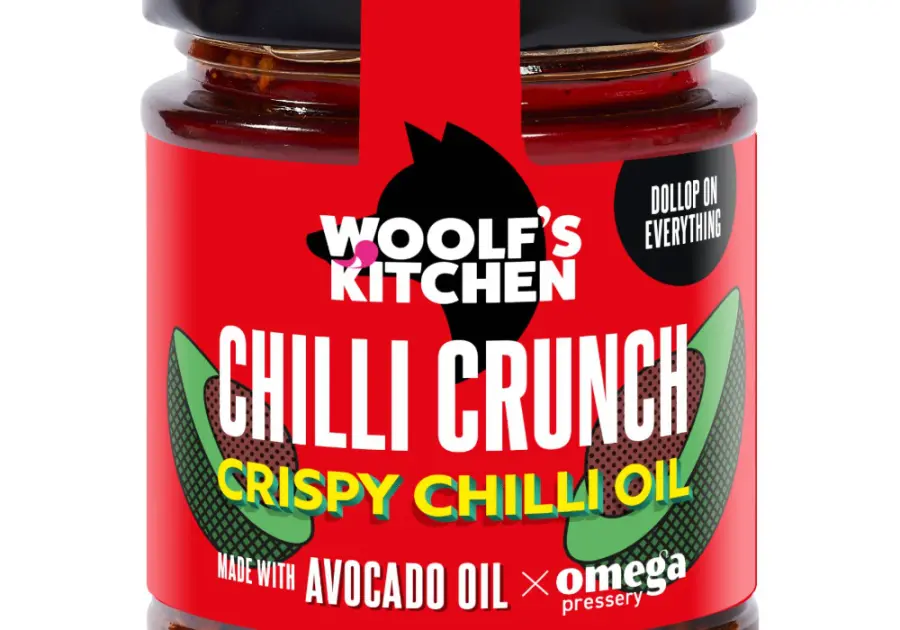 A jar of Woolf's Kitchen Chilli Crunch with Avocado Oil