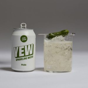 Can of YEW Pickle sparkling water highlighting dill pickle and cucumber flavour notes